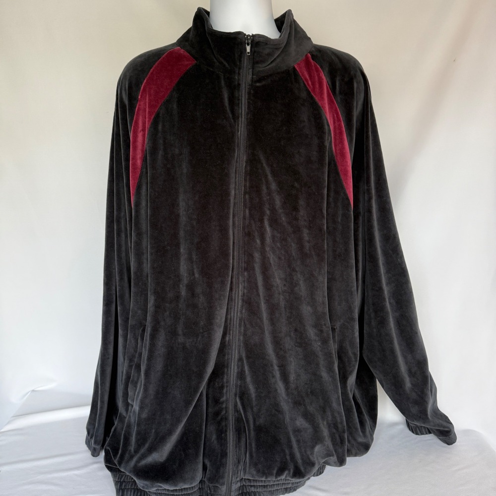 vTG Mens Velour Track Jacket Black Burgundy Red Stripe Full Zip Athleisure 4XT